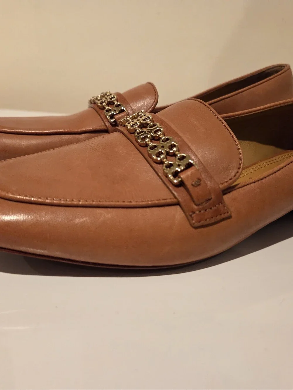 Tory Burch Gemini Link Leather Loafers Tan/light Brown Gold Hardware Size 7.5